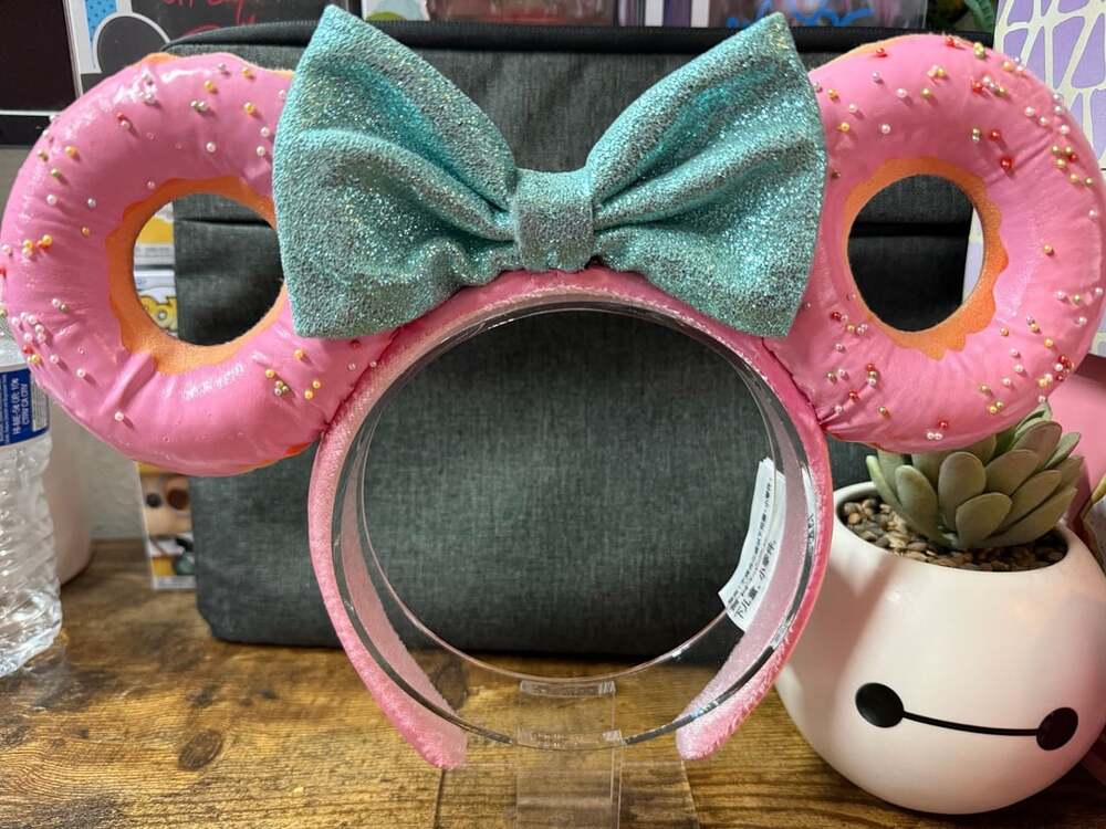 EUC Disney Parks Pink Sprinkled Donut Ear Headband with Teal Glitter Bow
